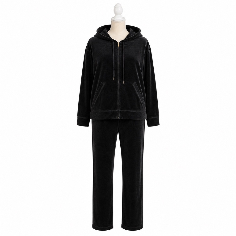 Jones Sport Vintage Velour Lounge Set Black Hoodie Pants Womens Medium Y2K Zip